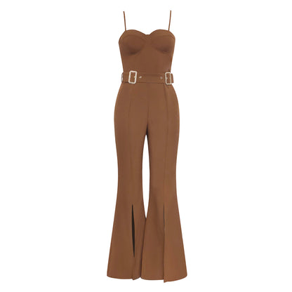 Sexy Suspender Elegant Slim with Belt Flare Jumpsuit
