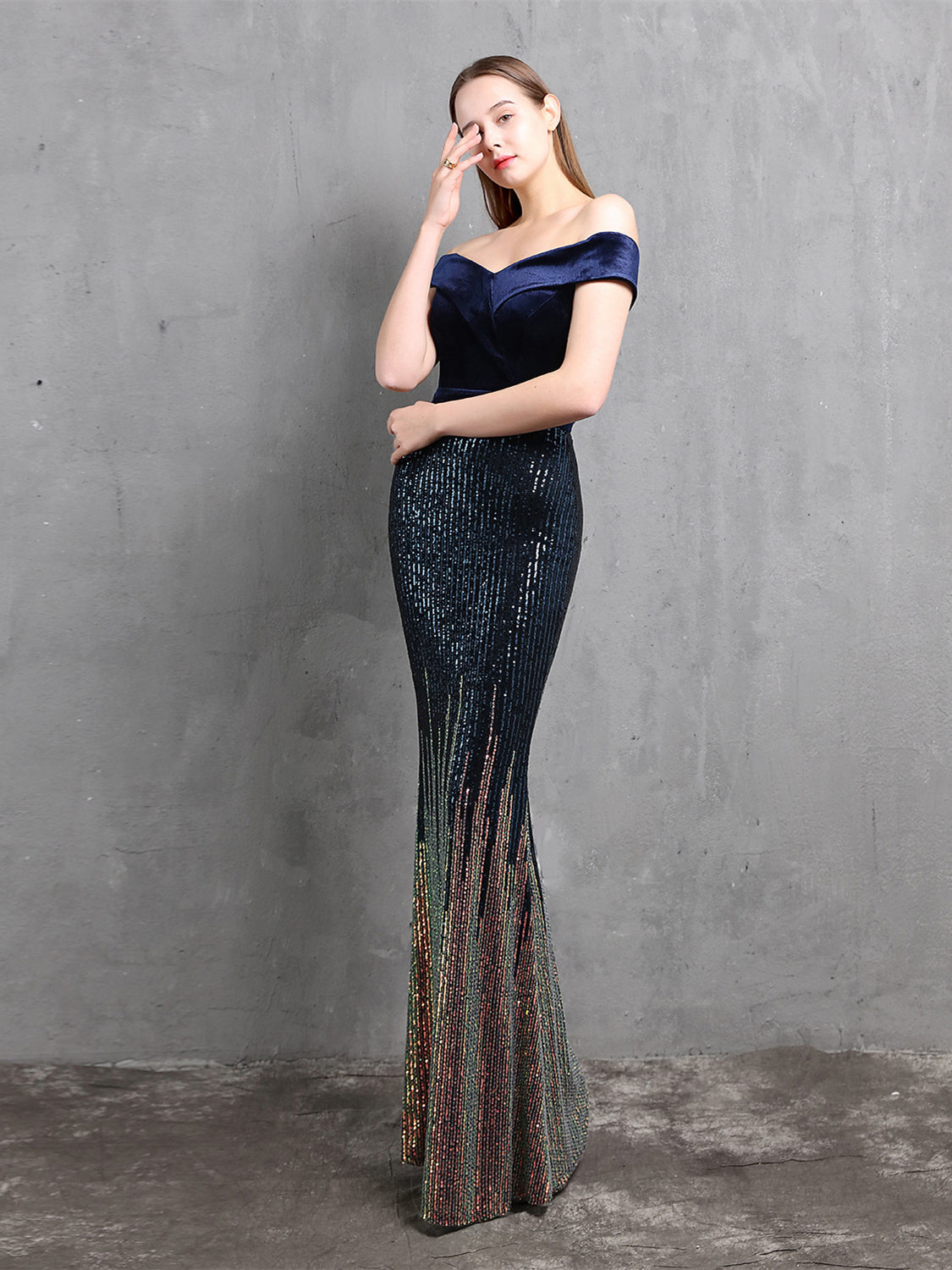 One Shoulder Fishtail Velvet Evening Maxi Dress