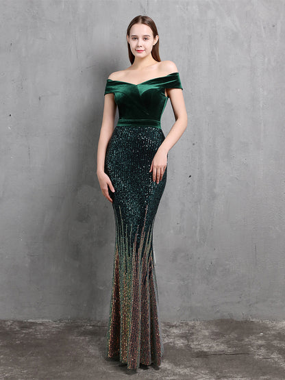 One Shoulder Fishtail Velvet Evening Maxi Dress