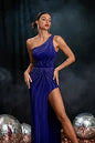 Slant Shoulder Rhinestone High Split Evening Gowns