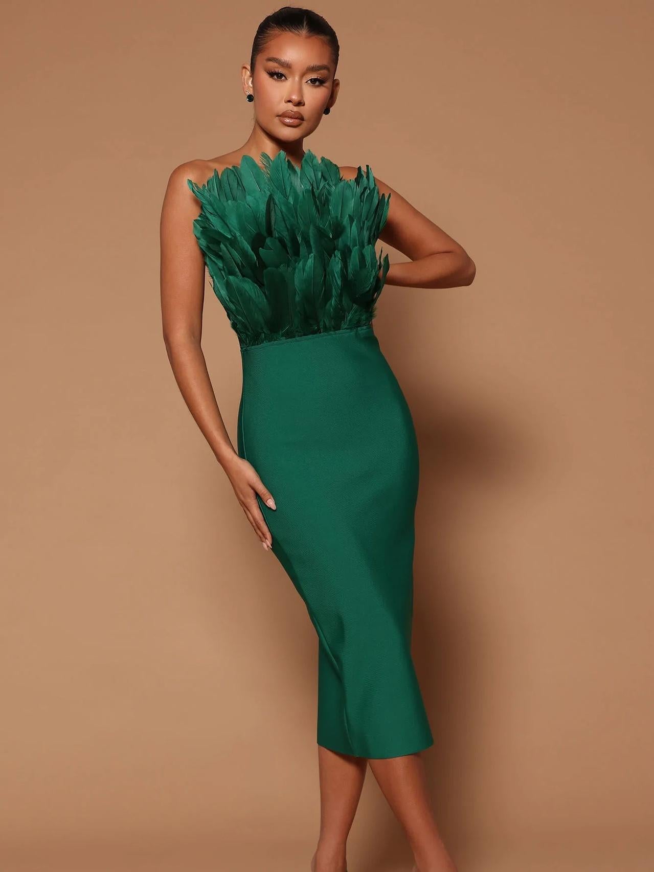 Feather Backless Slimming Mid-Length Bandage Dress
