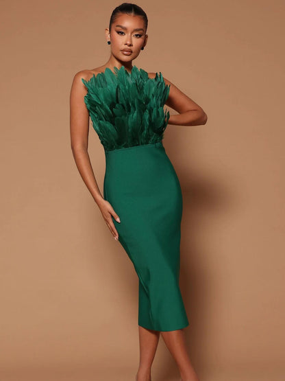 Feather Backless Slimming Mid-Length Bandage Dress