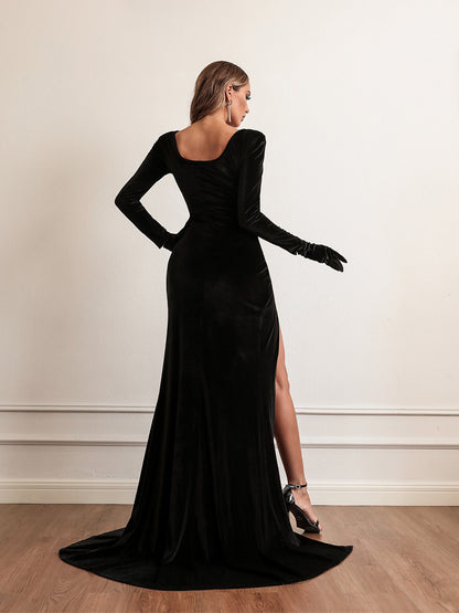 Sexy Busty High Waisted Glove Velvet Gowns Dresses