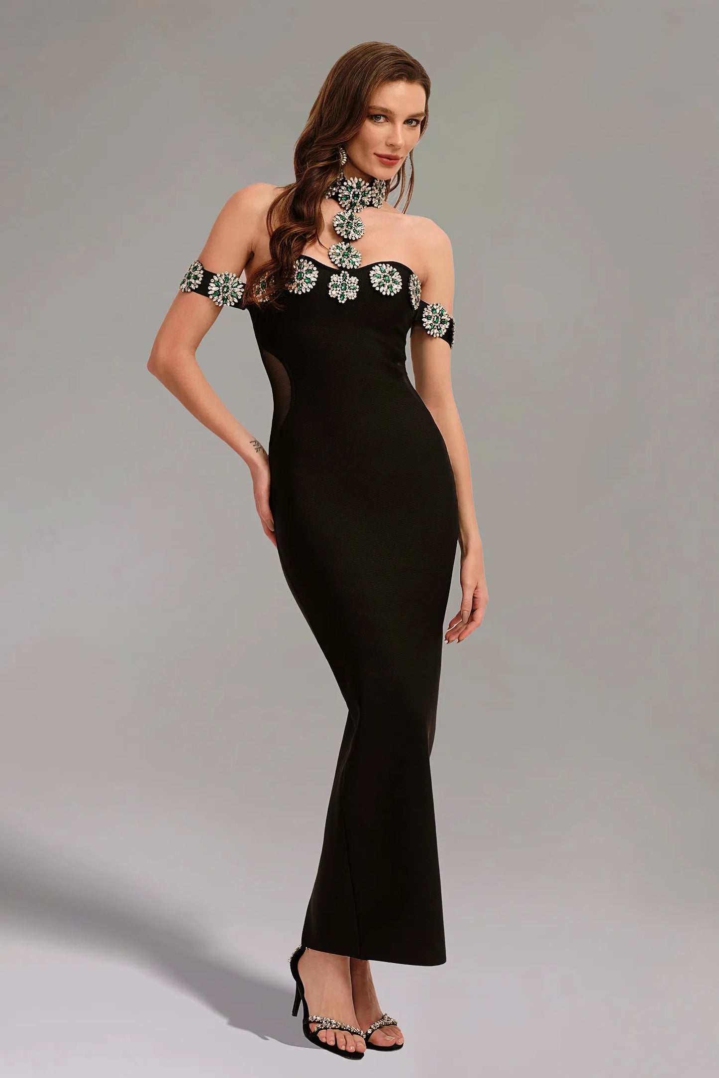 Diamond Off Shoulder Sexy Heavily Embellished One Shoulder Maxi Dress