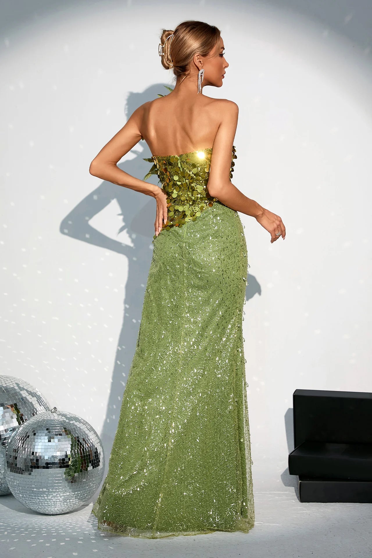 V-neck Green Sequined Maxi Dress