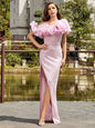 Slant Neck Ruffle Sequin Split Maix Dress