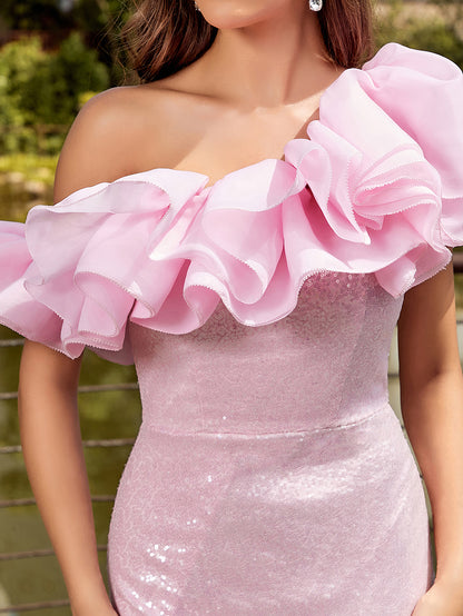 Slant Neck Ruffle Sequin Split Maix Dress