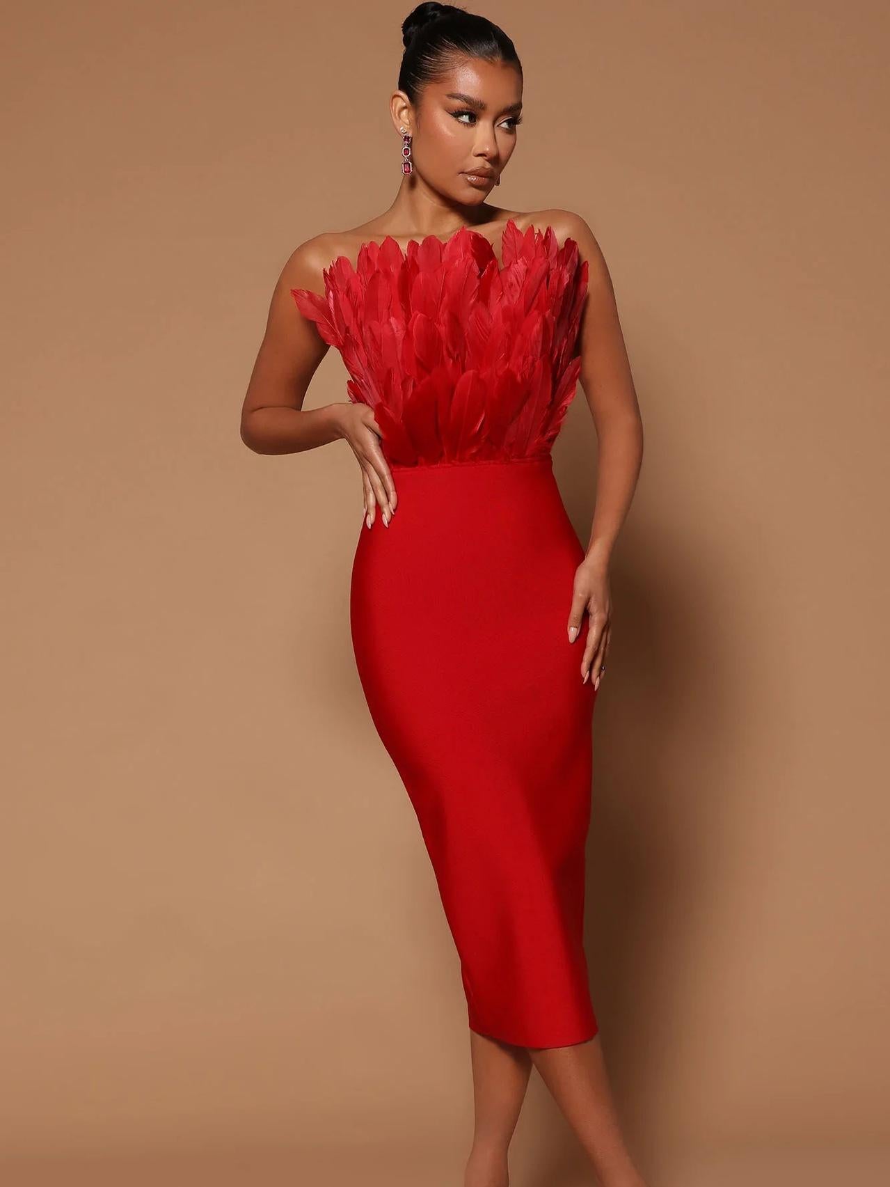 Feather Backless Slimming Mid-Length Bandage Dress