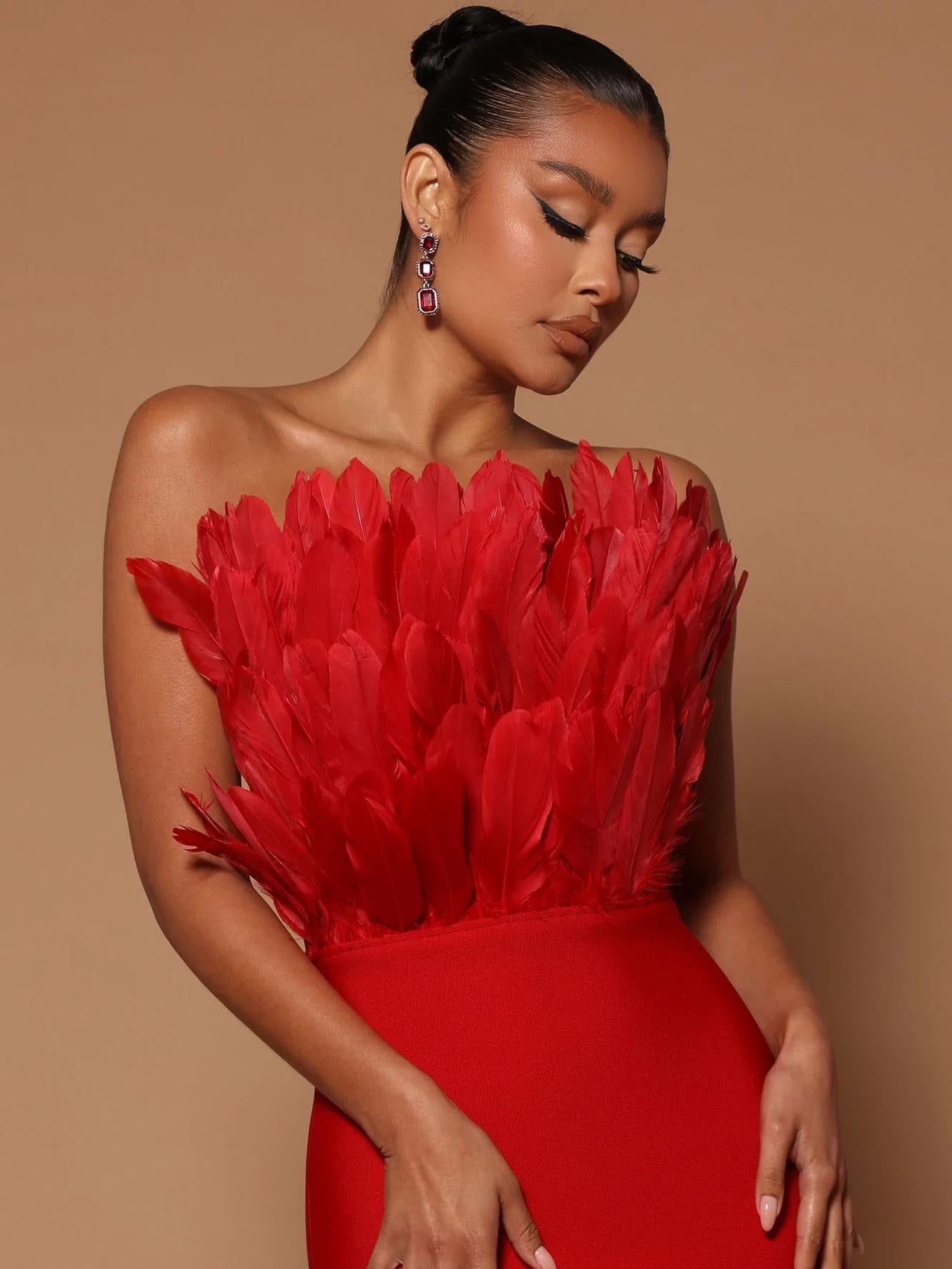 Feather Backless Slimming Mid-Length Bandage Dress