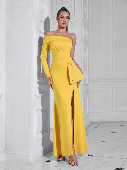 Color Block Asymmetrical One-Shoulder Long Sleeve Split Dress