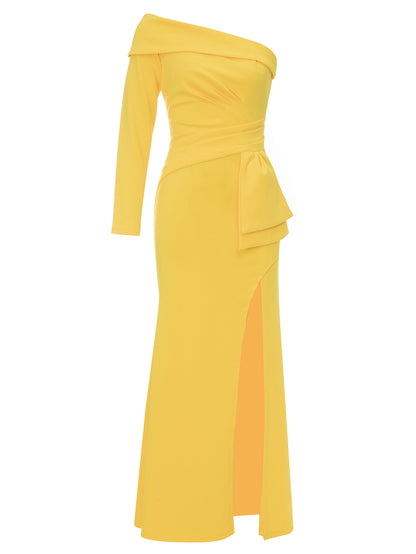 Color Block Asymmetrical One-Shoulder Long Sleeve Split Dress
