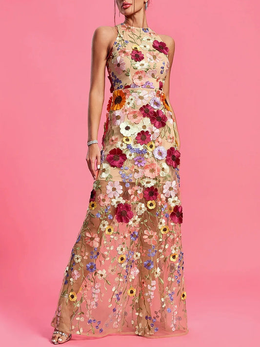 Sleeveless Round Neck Floral Embroidery Maxi Dress
