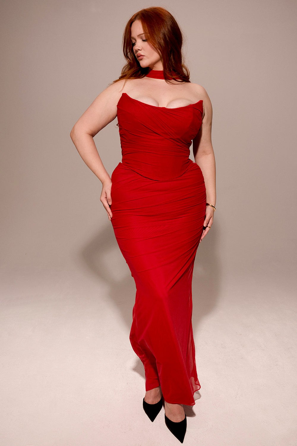 Strapless Corset Top with Detachable Neck Scarf Gown