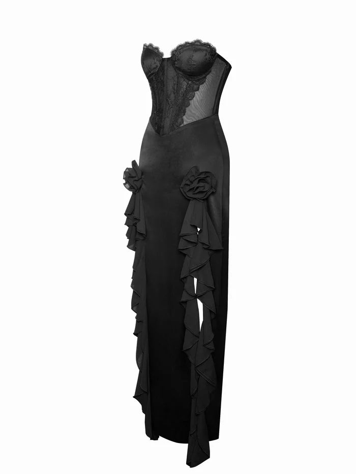 Black Satin Lace Corset Maxi Dress