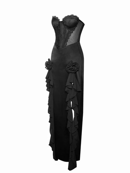 Black Satin Lace Corset Maxi Dress