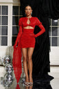 Bubble Sleeve Attached Glove Cutout Pleated Mini Dress