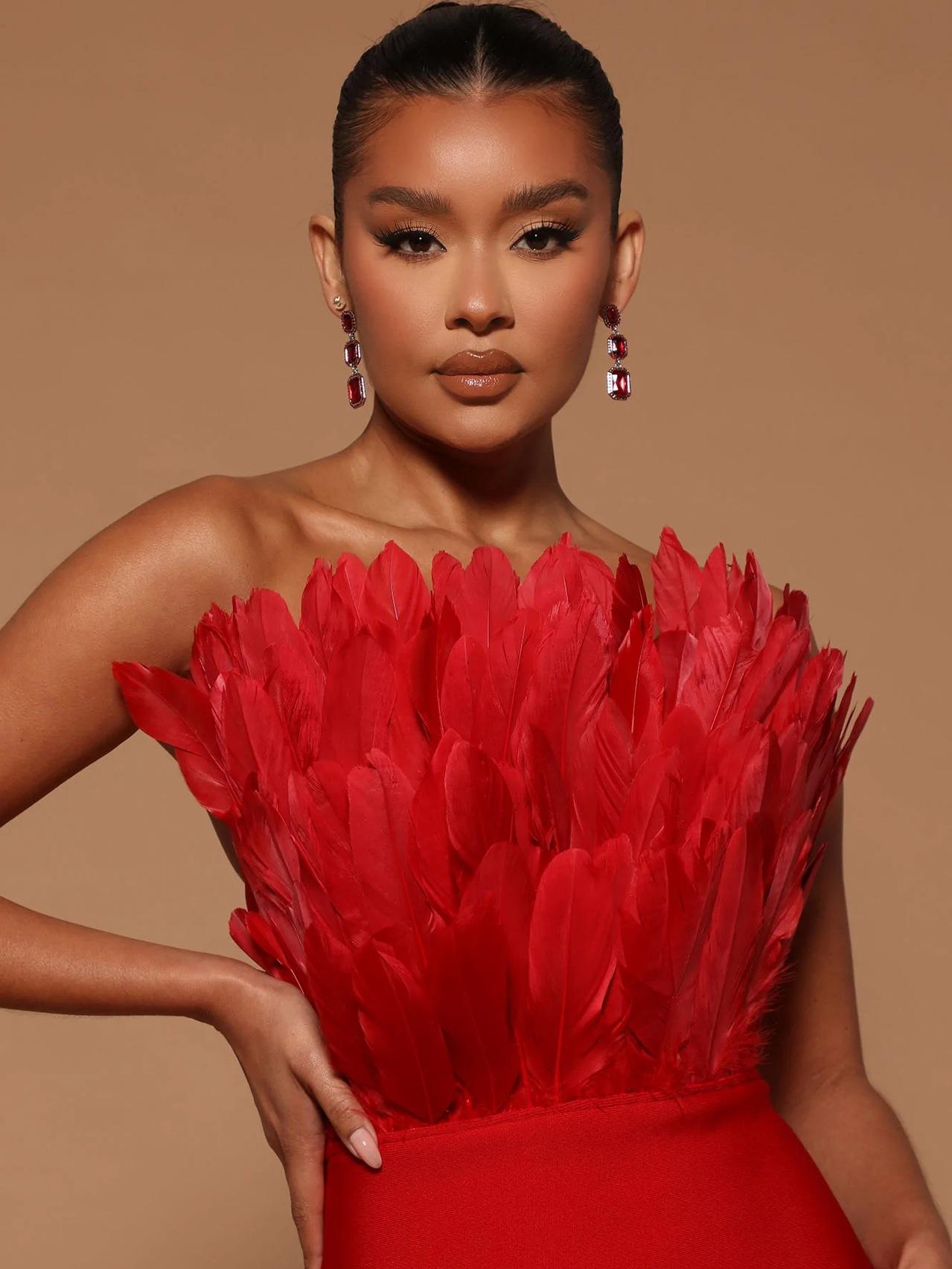 Feather Backless Slimming Mid-Length Bandage Dress