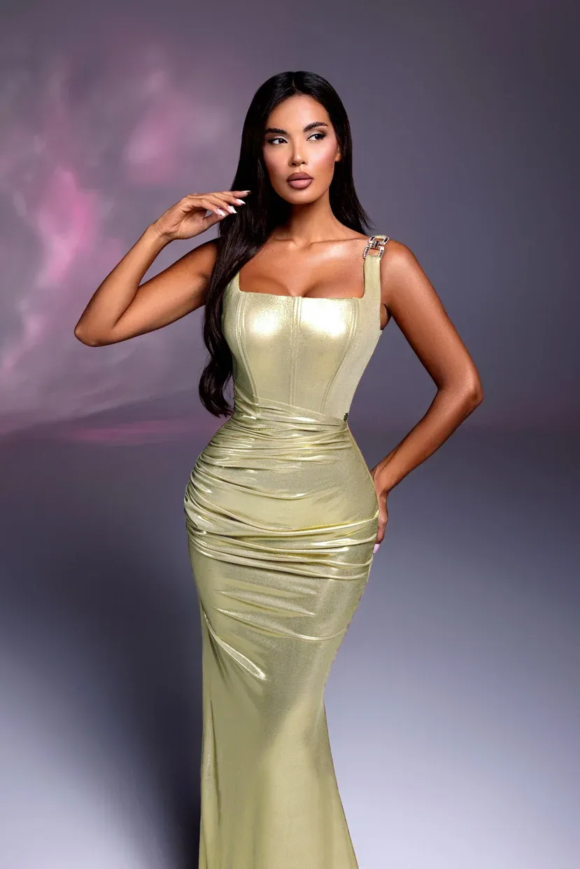 YS-Straight Neckline Dress with Metallic Buckles