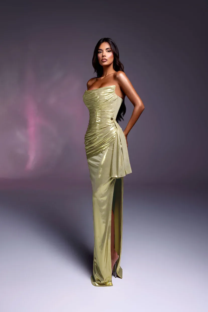YS-Strapless Dress with Ruched Detailing