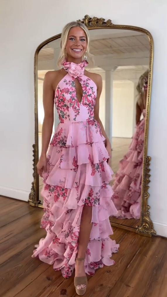 Pink Floral Halter-neck Keyhole Detail High Slit Gown