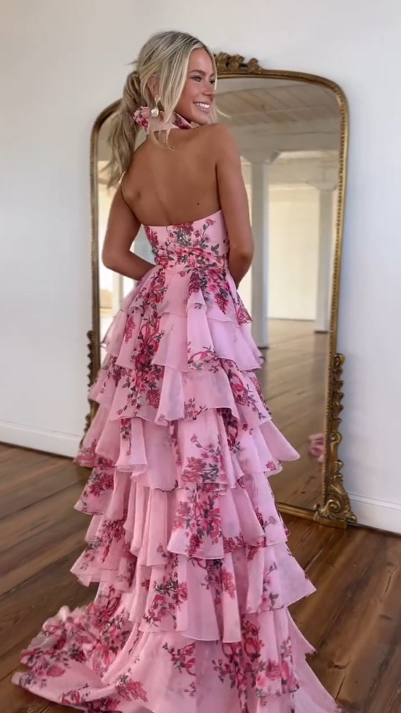 Pink Floral Halter-neck Keyhole Detail High Slit Gown