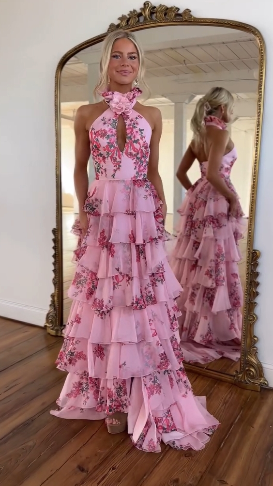 Pink Floral Halter-neck Keyhole Detail High Slit Gown
