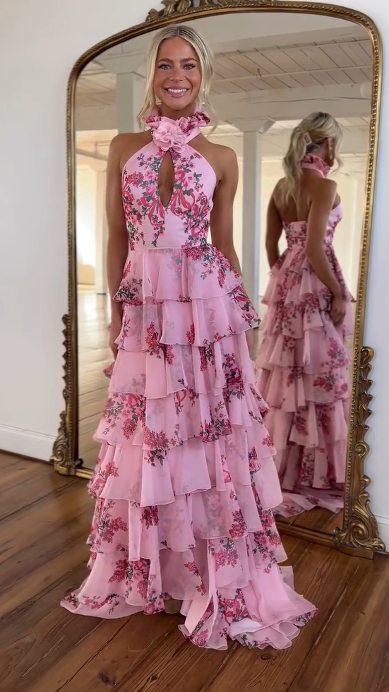 Pink Floral Halter-neck Keyhole Detail High Slit Gown
