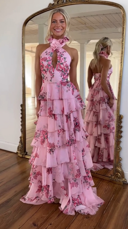 Pink Floral Halter-neck Keyhole Detail High Slit Gown