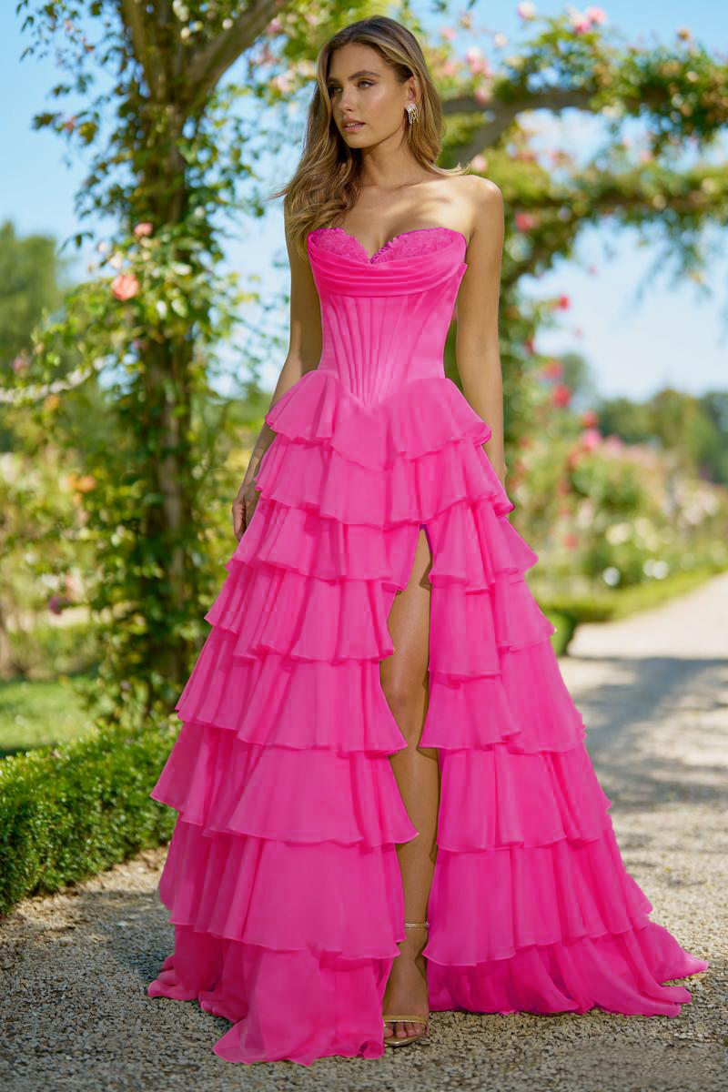 Ruffled Layers and High Slit Strapless Corset Gown