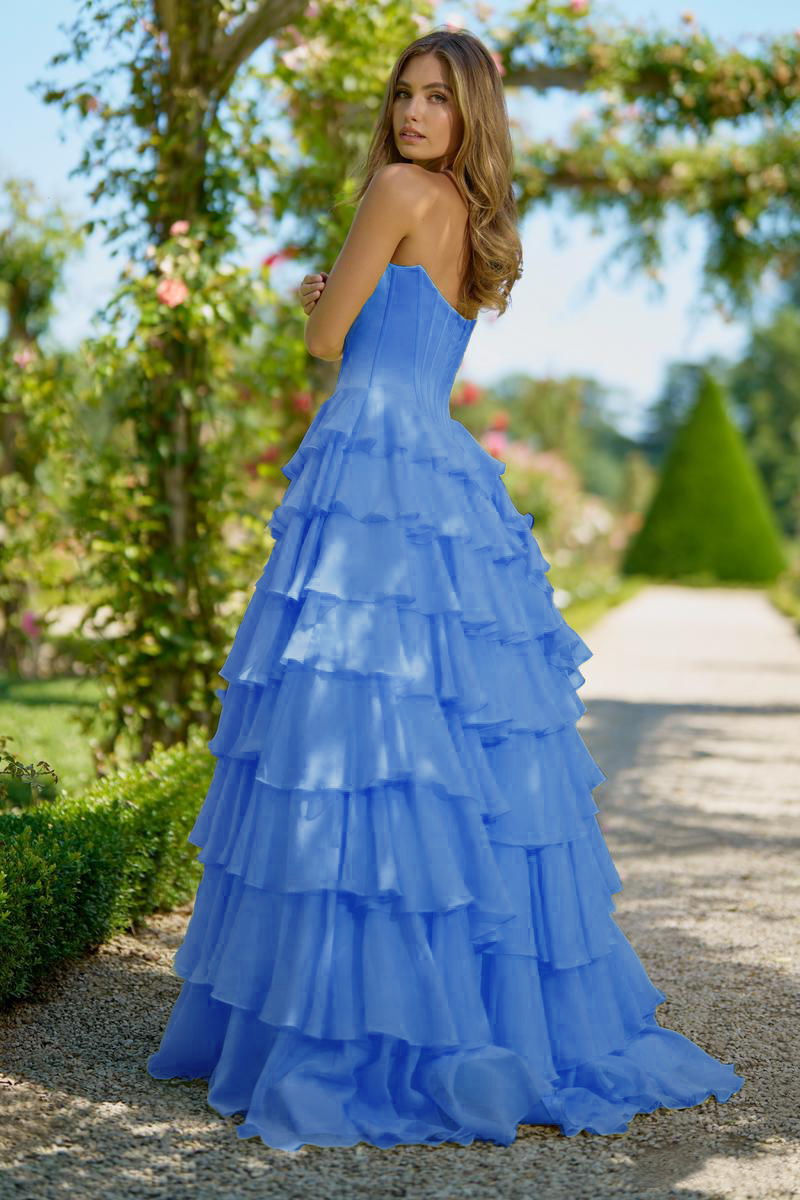 Ruffled Layers and High Slit Strapless Corset Gown