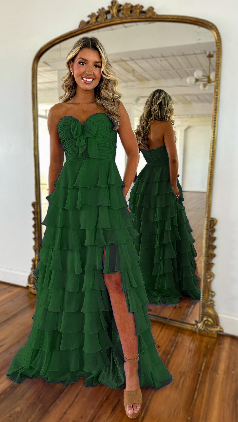 Strapless Ruffled Bow-front Detail High Slit Gown