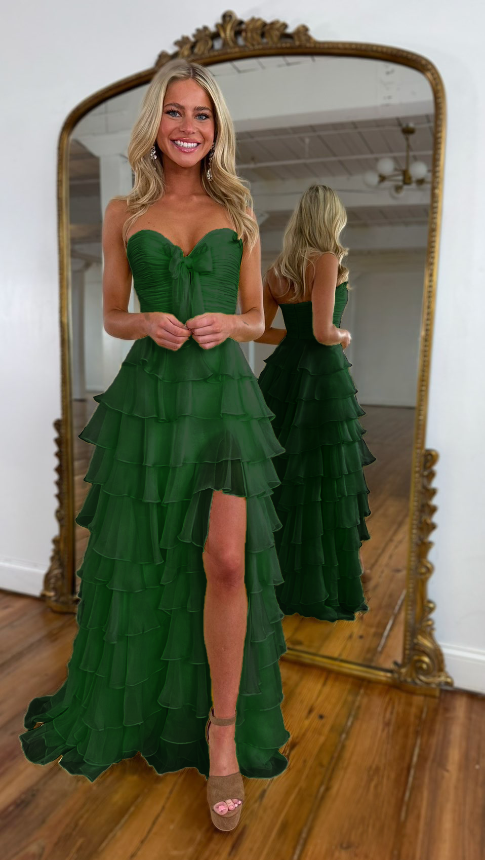 Strapless Ruffled Bow-front Detail High Slit Gown
