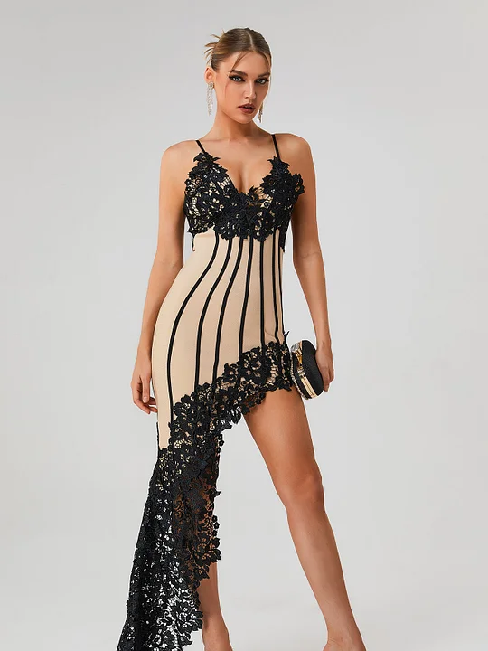 V Halter Backless Irregular Lace Bandage Dress