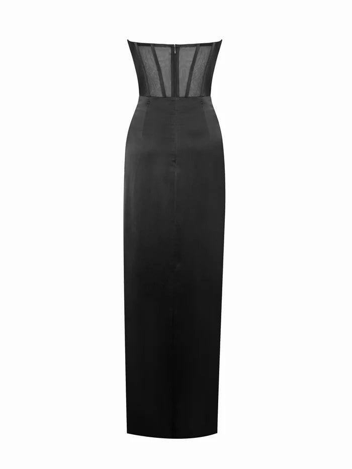 Black Satin Lace Corset Maxi Dress