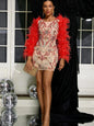 Feather Long Sleeve Diamante Skinny Mini Dress