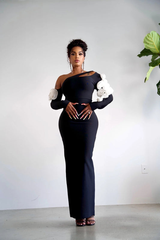 Cut-Out Asymmetrical Shoulder Long Sleeve Bandage Dress