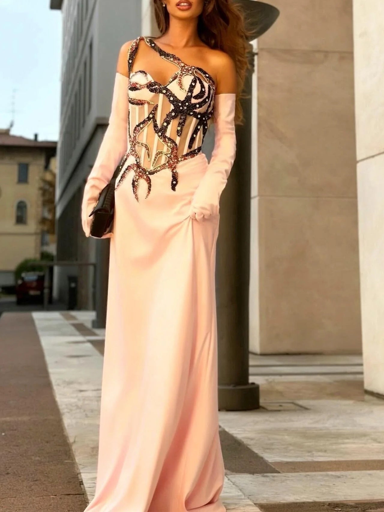 Slant Collar Sequined Trim Maxi Dress
