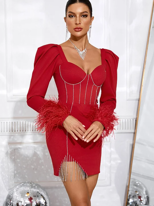 Red Feather Split Studded Chain Fringe Dress