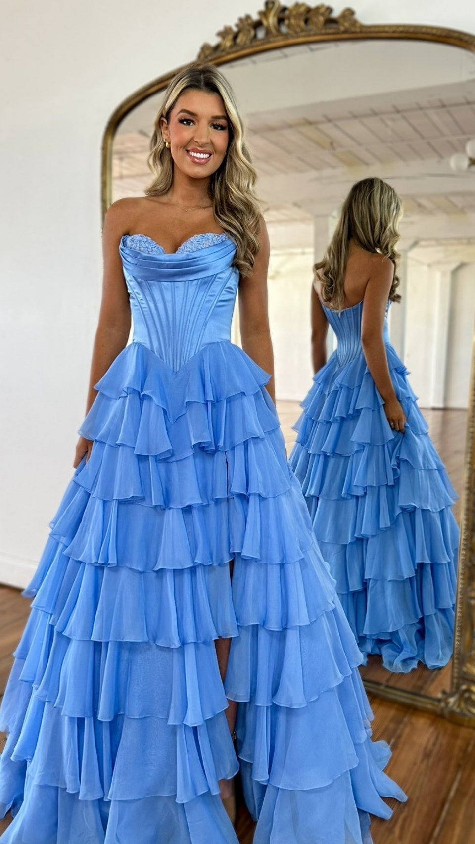 Ruffled Layers and High Slit Strapless Corset Gown