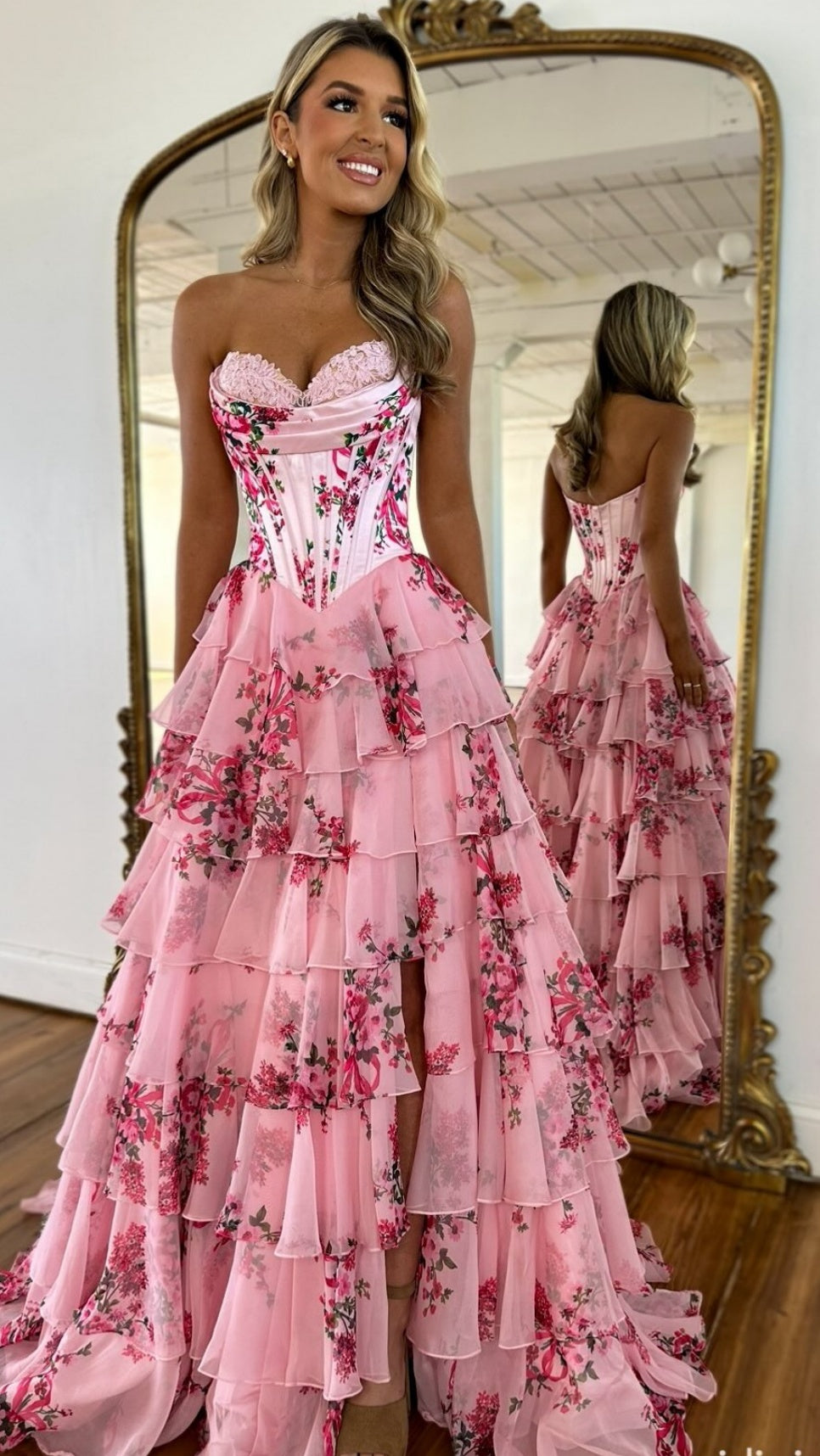 Strapless Ruffled Layers and High Slit Gown