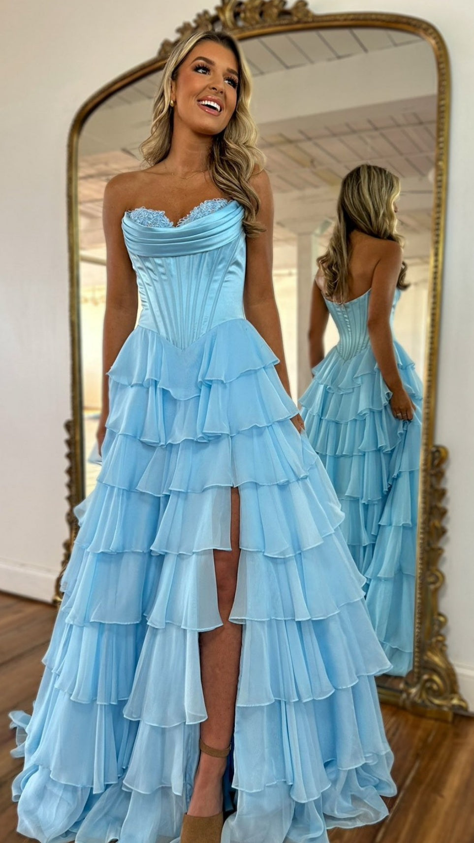 Ruffled Layers and High Slit Strapless Corset Gown