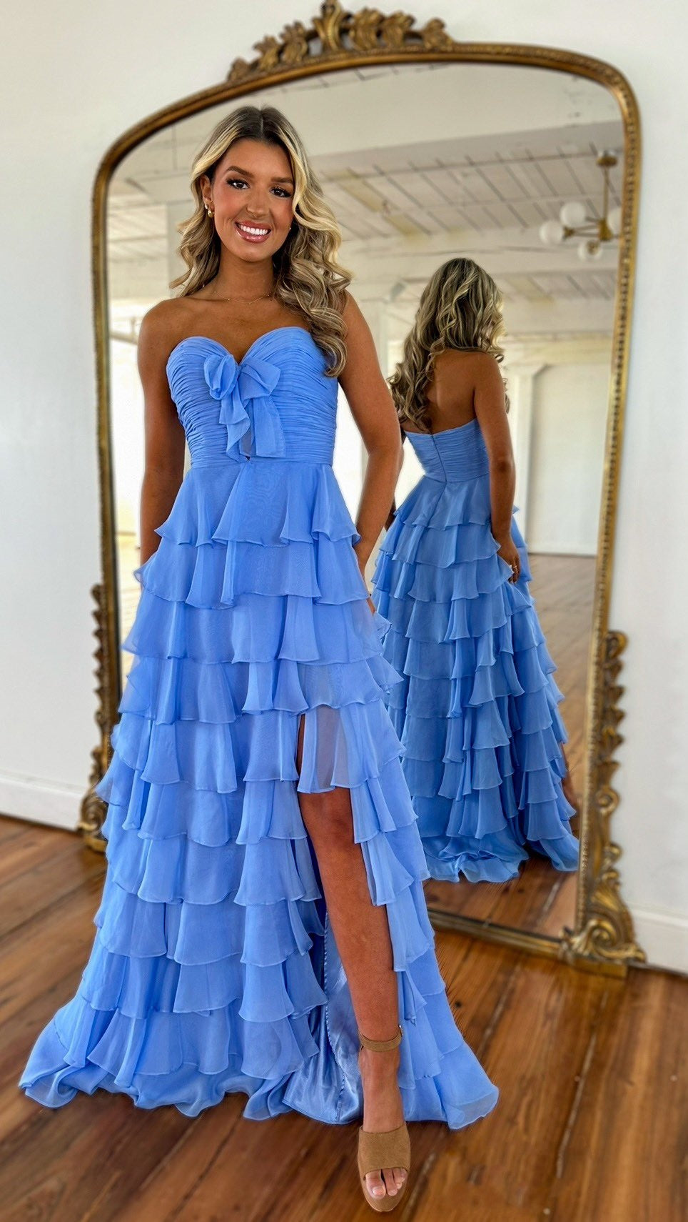 Strapless Ruffled Bow-front Detail High Slit Gown