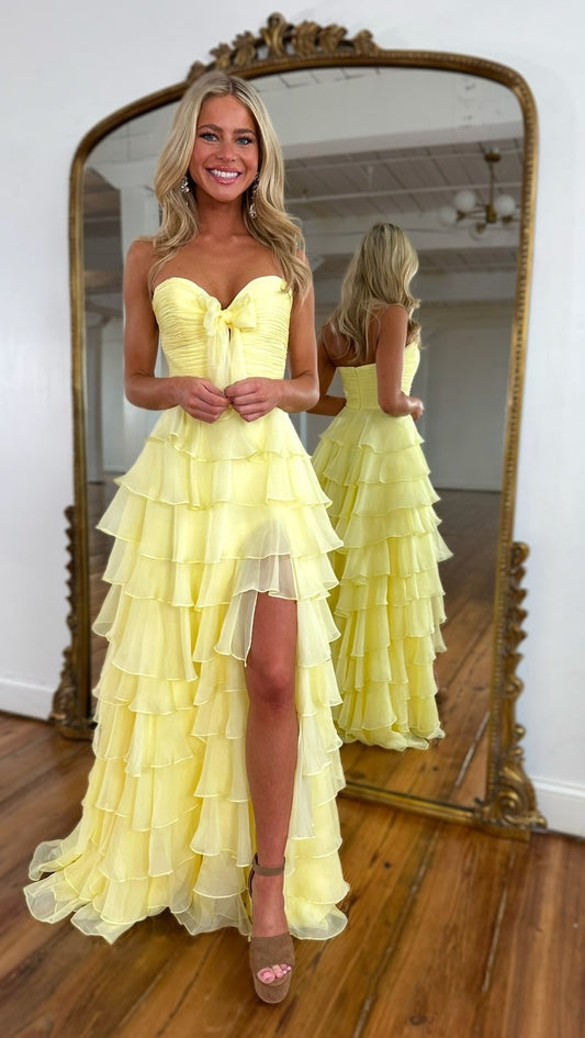 Strapless Ruffled Bow-front Detail High Slit Gown