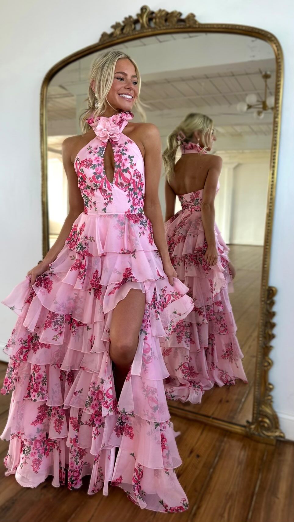 Pink Floral Halter-neck Keyhole Detail High Slit Gown
