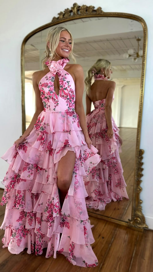 Pink Floral Halter-neck Keyhole Detail High Slit Gown