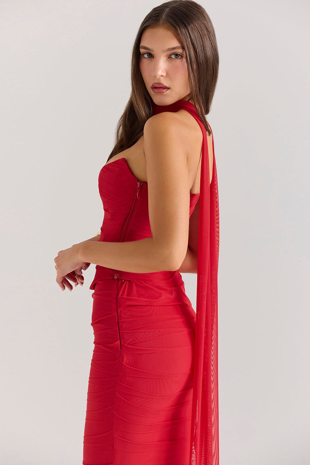 Strapless Corset Top with Detachable Neck Scarf Gown