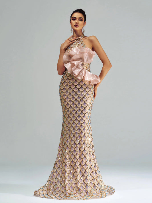 Halter Floral Mermaid Sequin Evening Dress