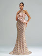 Halter Floral Mermaid Sequin Evening Dress