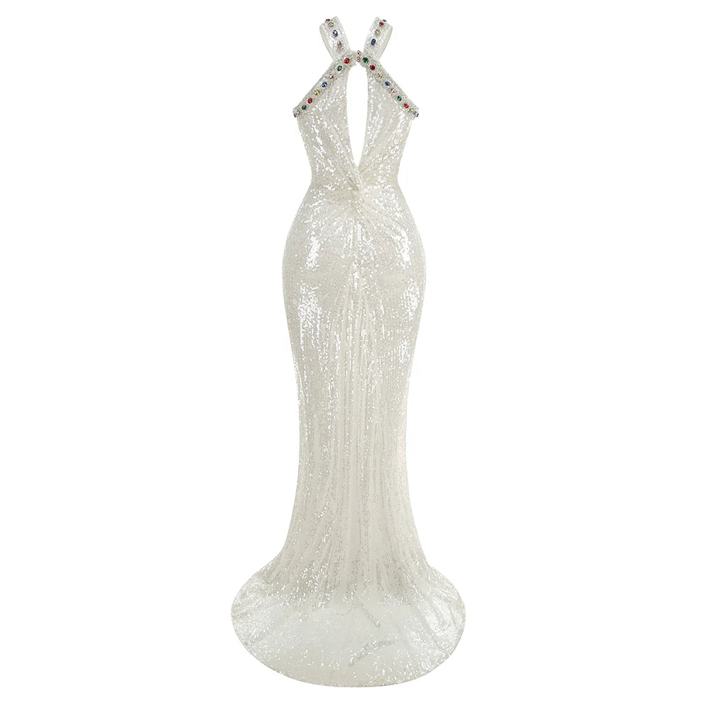 Choker-Style Hollow-Out Diamond-Embedded Evening Gown