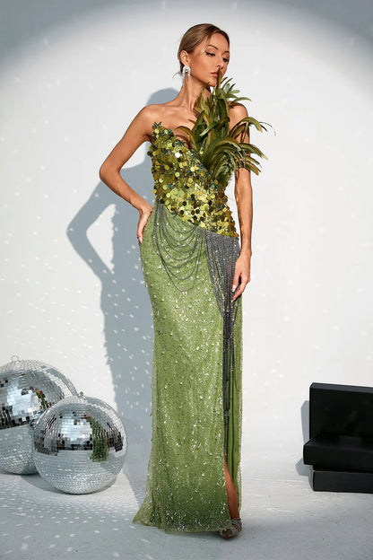 V-neck Green Sequined Maxi Dress